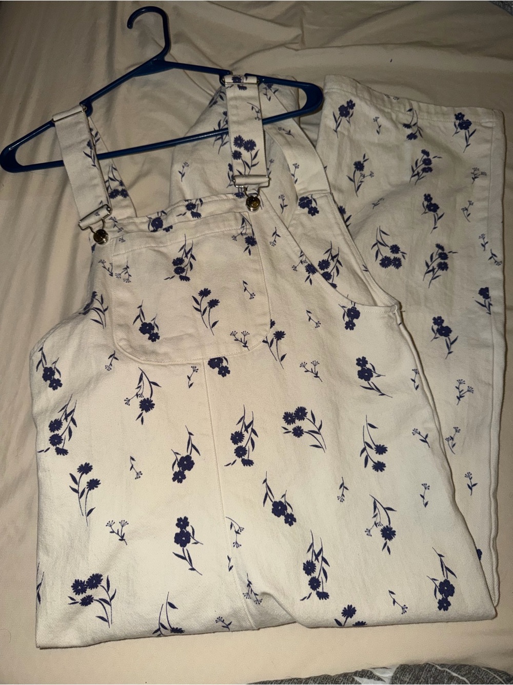 Zara White Overalls with Navy Floral Print - Women Jumpsuit